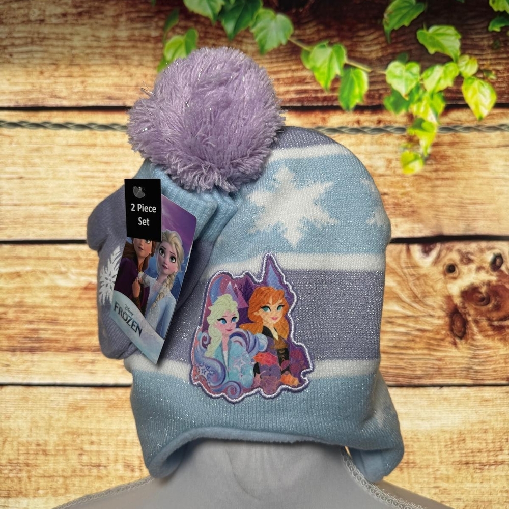 Disney Frozen Blue and Purple Kids Matching Hat & Mittens Set